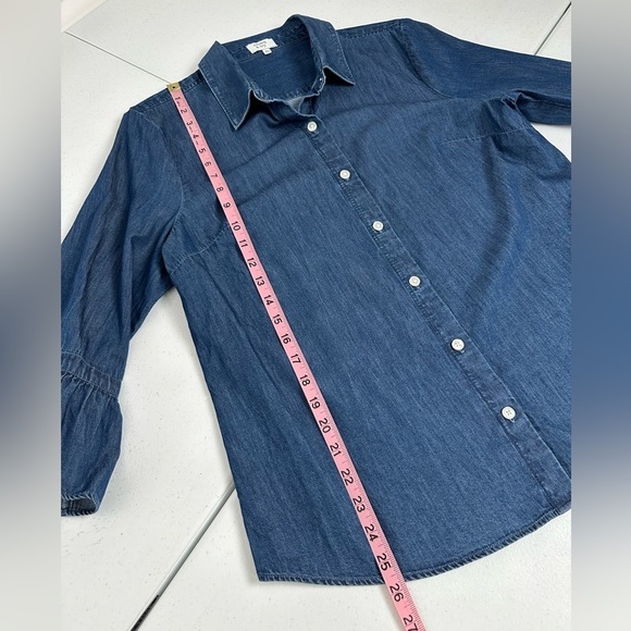 Crown & Ivy Denim Cotton Button Up Bell Sleeve Collared Blouse - Picture 5 of 7